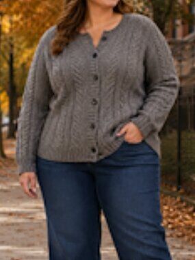 J.Crew Women’s Hand-Knit Wool Cable Knit Cardigan Sweater Gray Button Front Lg